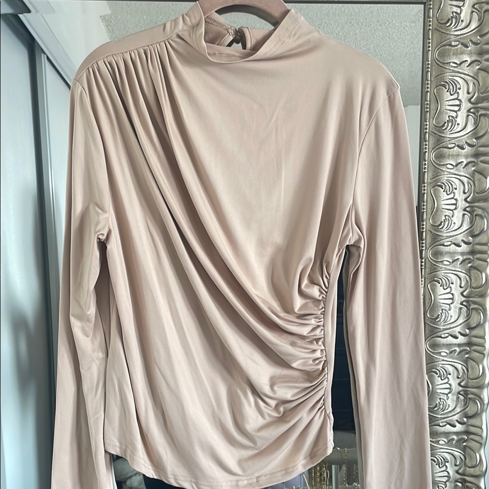 SHEIN nude-pink Ruched Asymmetrical Blouse with Mandarin Collar-Large